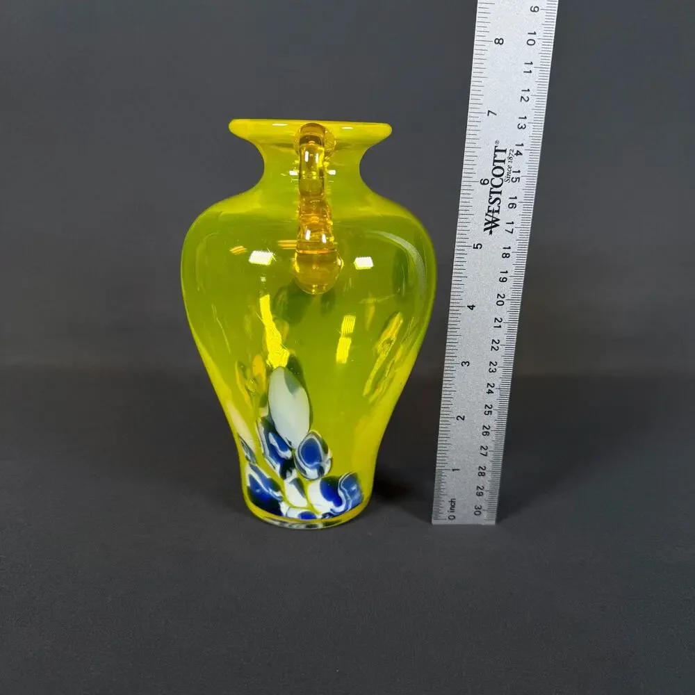 Hand Blown Art Glass Vase Yellow Handles Murano style vintage 7in